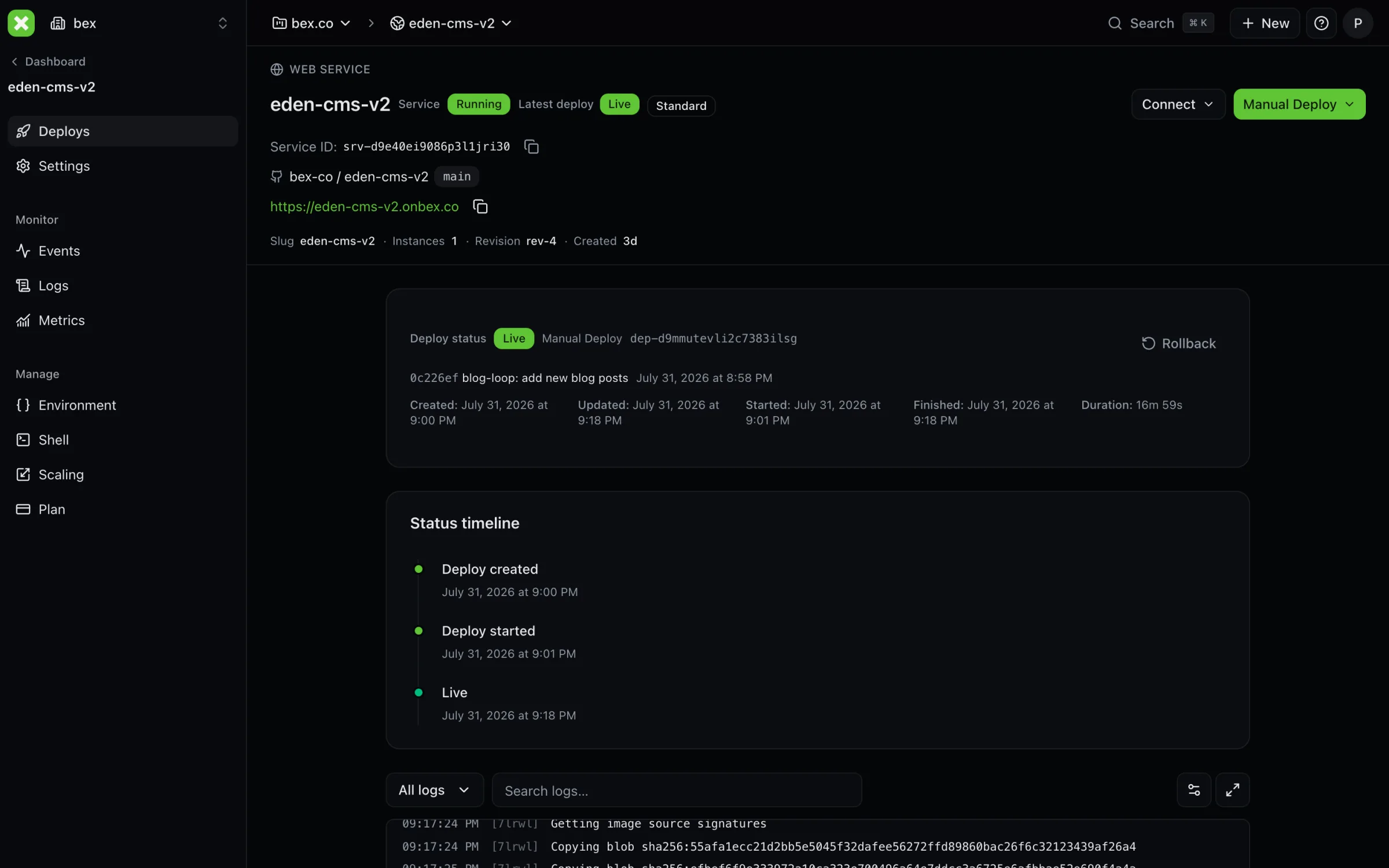 bex dashboard showing a live deployment and its status timeline