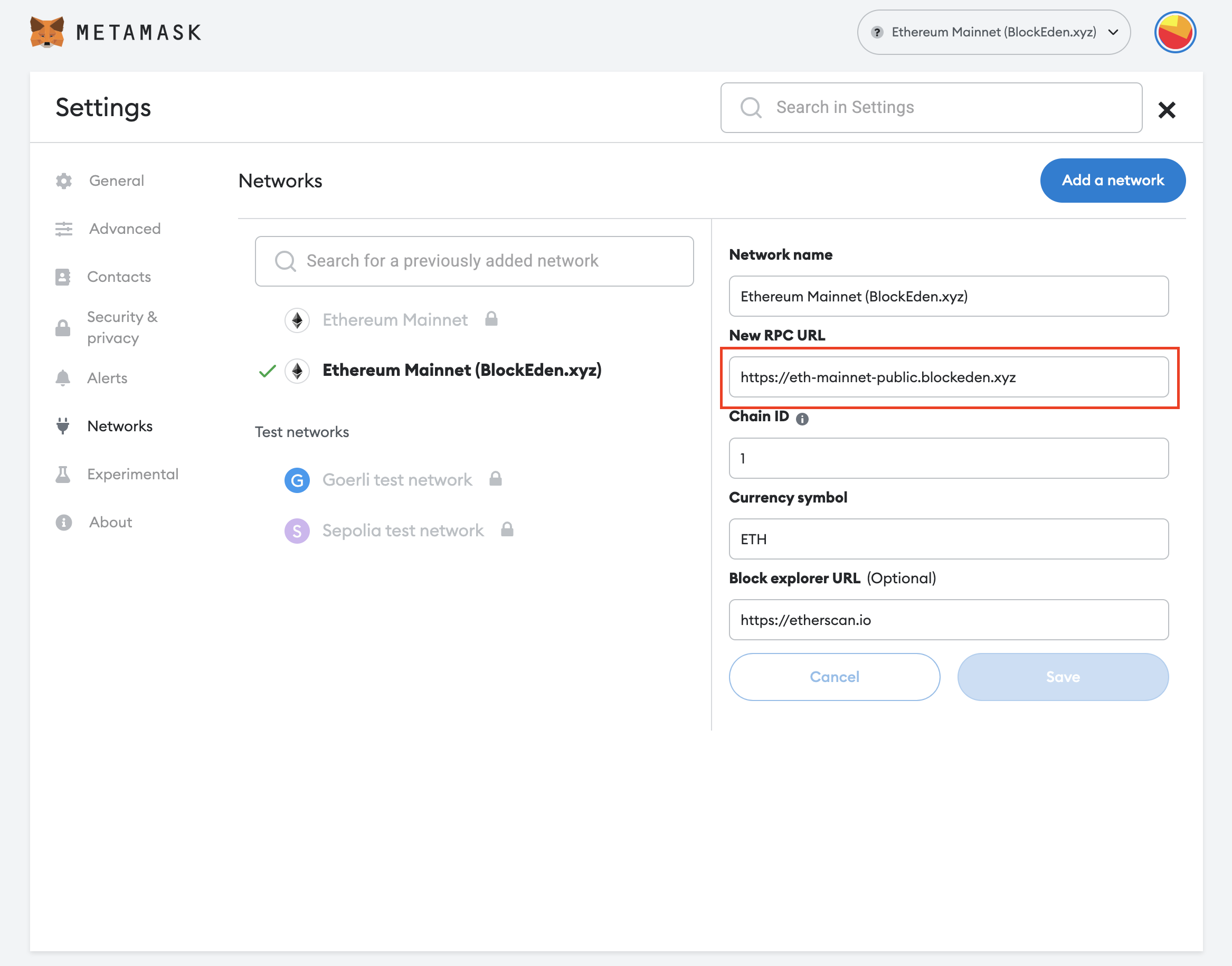 Setup bex.co ethereum rpc url in Metamask