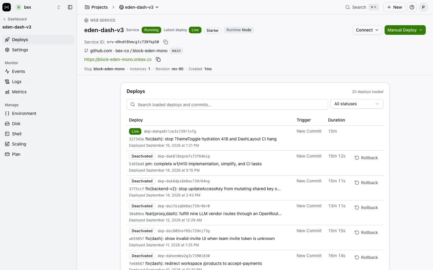 Deploy history for a running bex web service: the live deploy at the top, deactivated deploys below with commit messages, durations, and a Rollback action on each