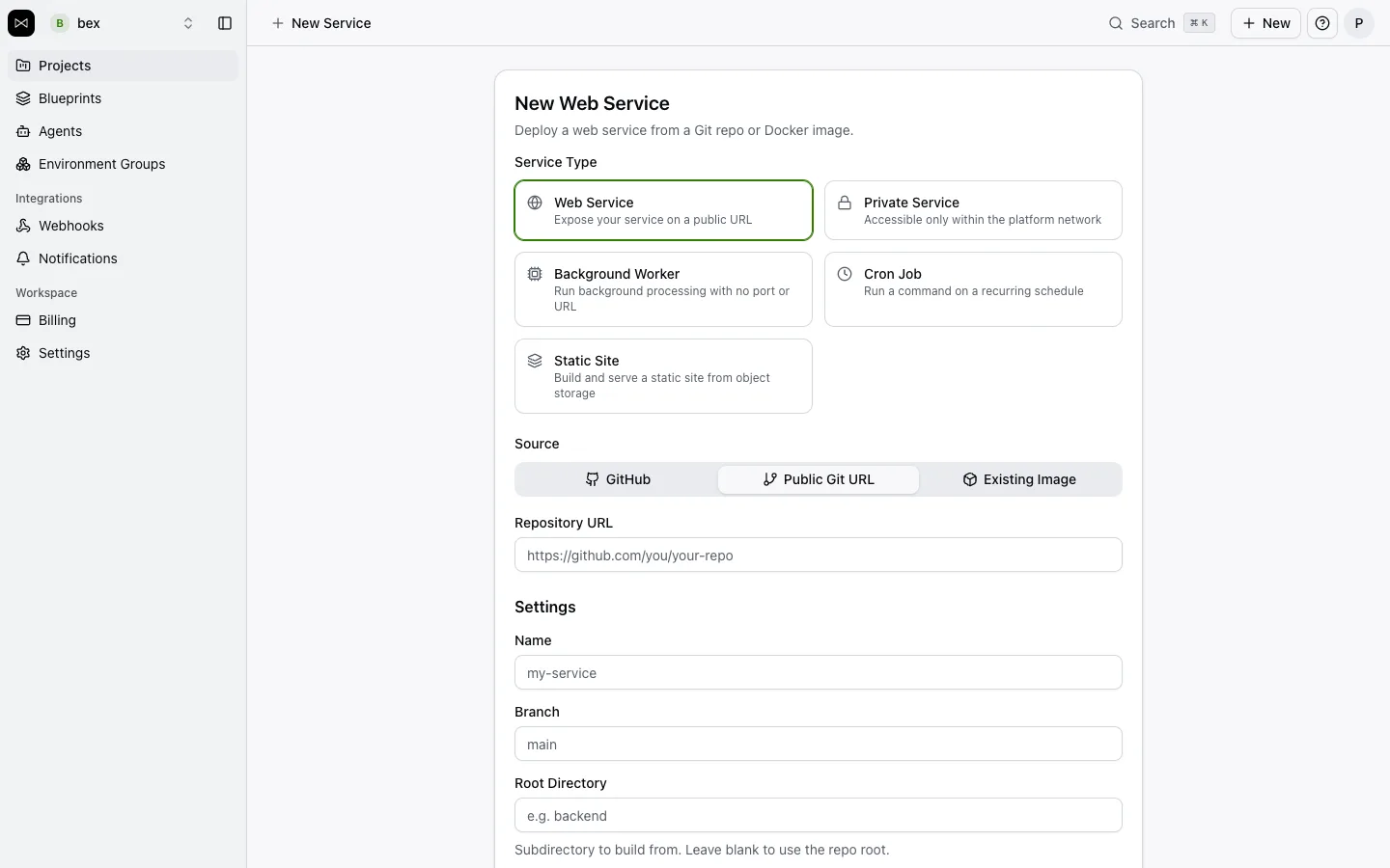 The New Web Service form on the bex dashboard, offering web service, private service, background worker, cron job, and static site types, with GitHub, public Git URL, and existing image as sources