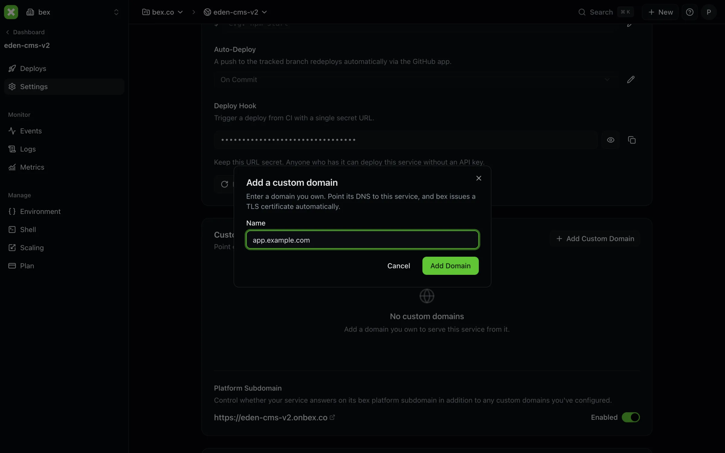Add custom domain dialog in the Bex dashboard