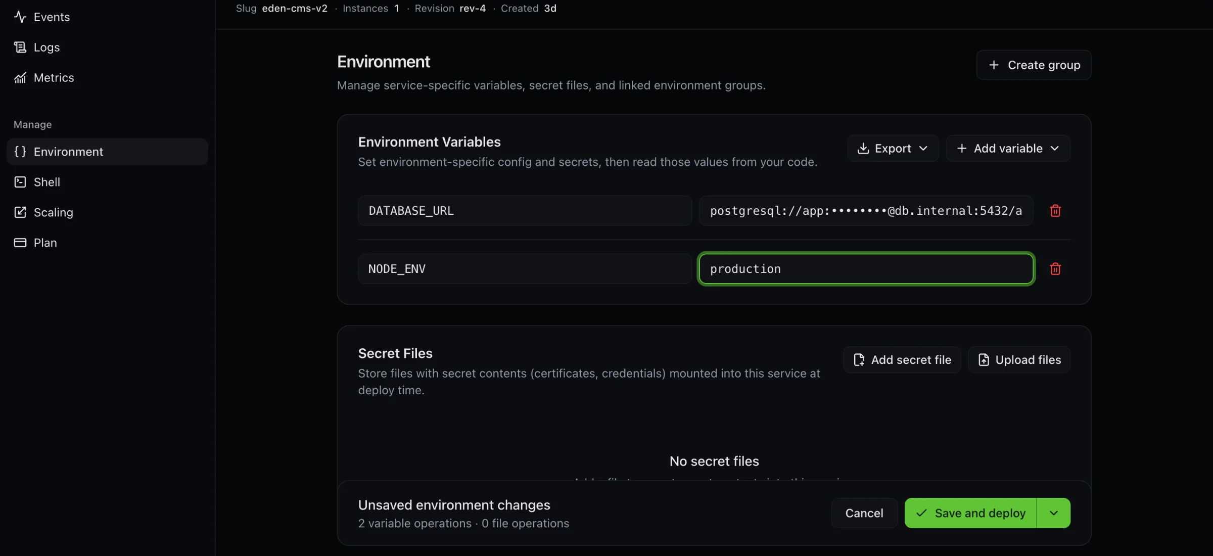 Bex dashboard environment editor with masked secret values
