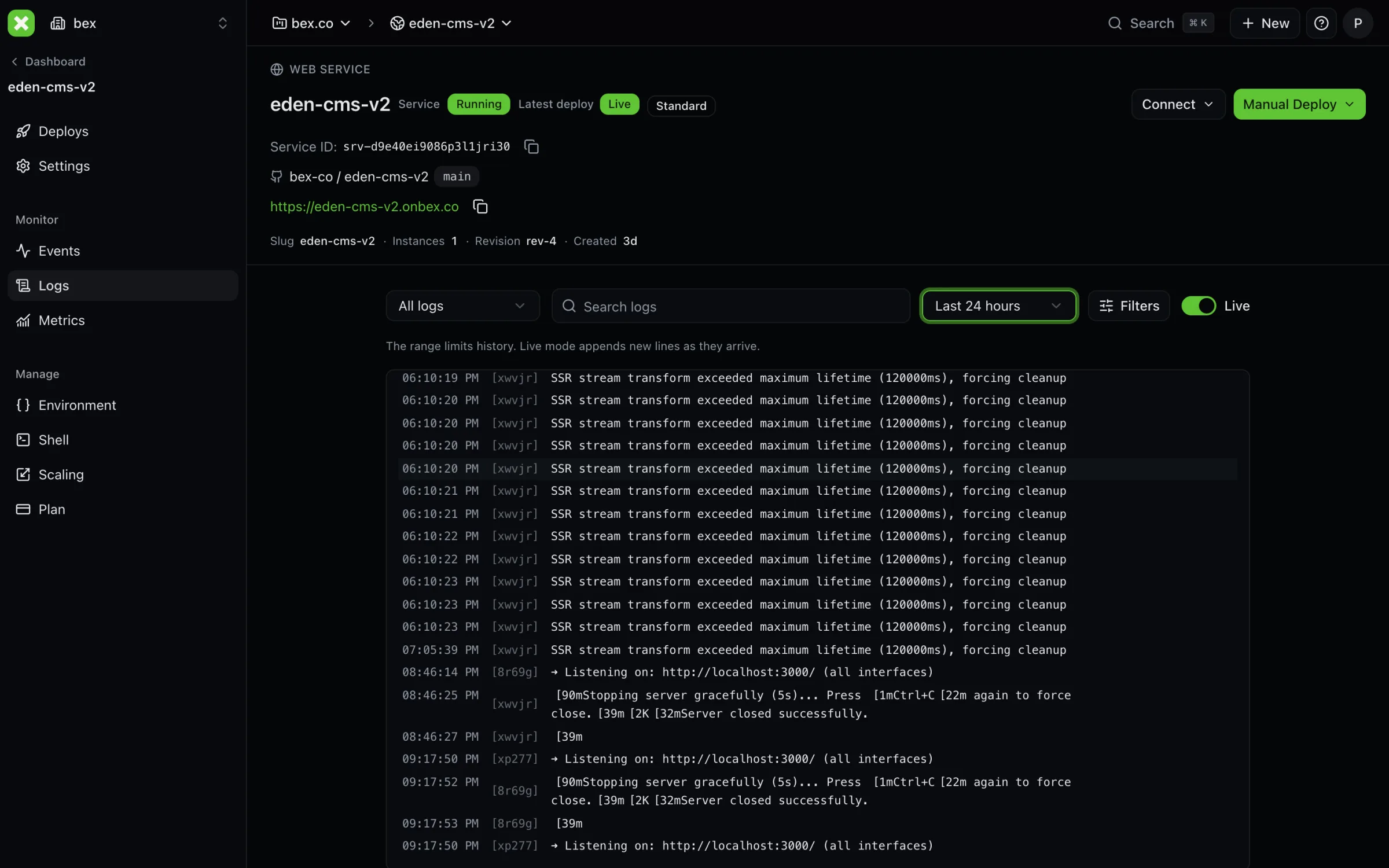 Bex dashboard live logs view