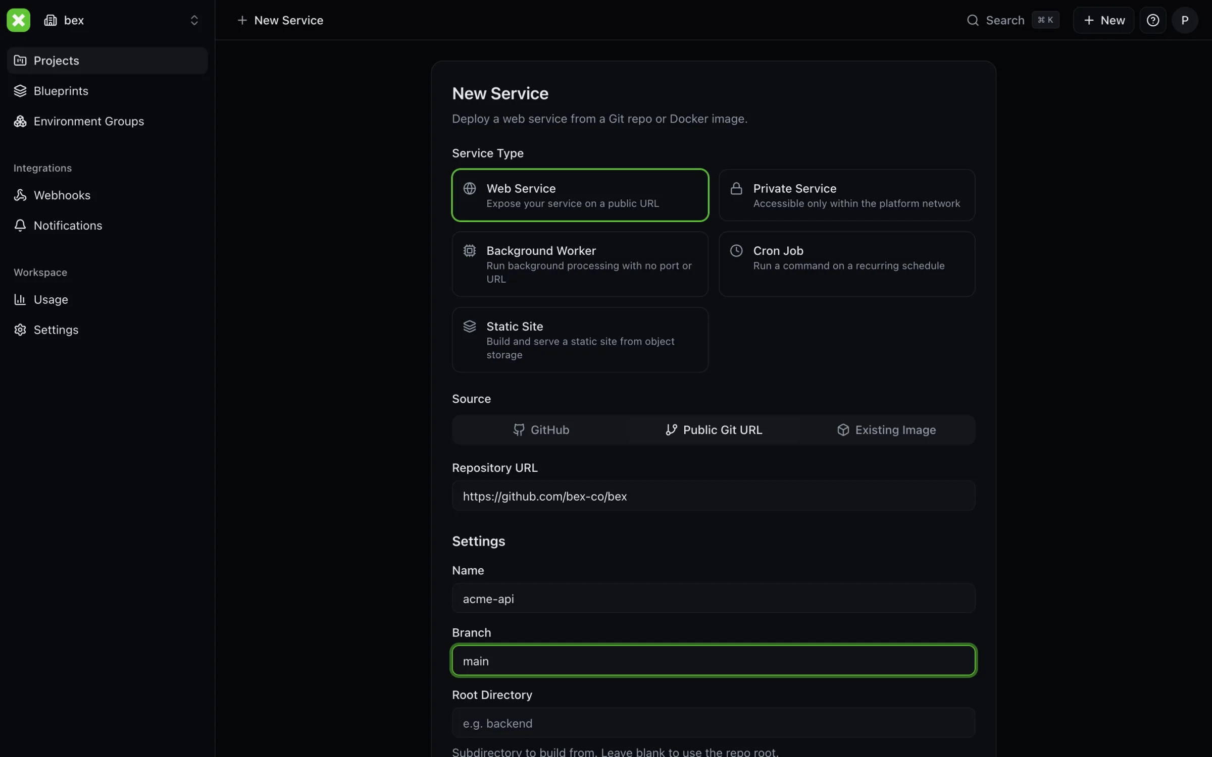 New web service form with source, build, and instance settings